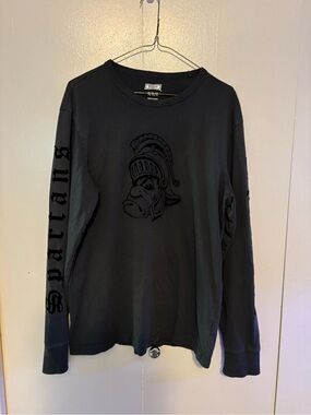 Black Long-Sleeve Graphic Tee with Helmet Motif